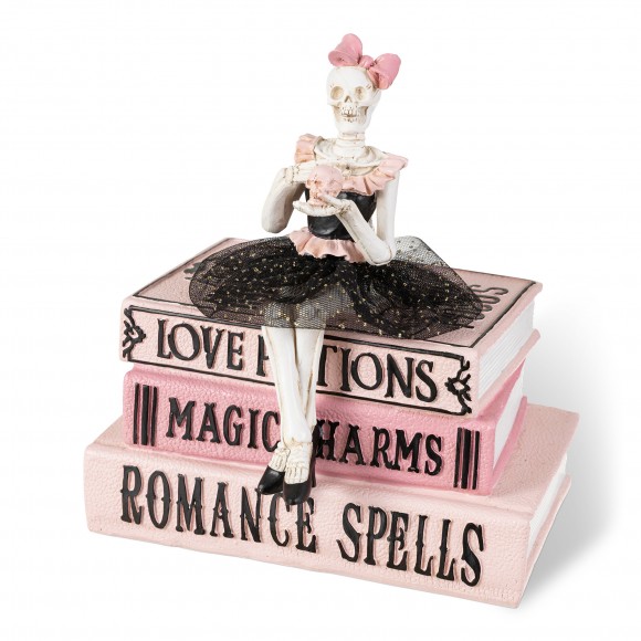 Glitzhome 8.25"H Halloween Polyresin Pink Skeleton Ballerina on Books Table Decor