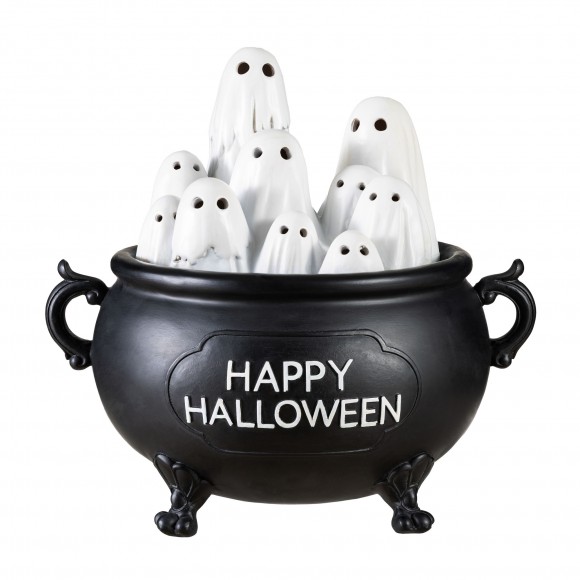 Glitzhome 9"L Halloween Lighted Polyresin Ghosts in Cauldron Table Decor w/Timer