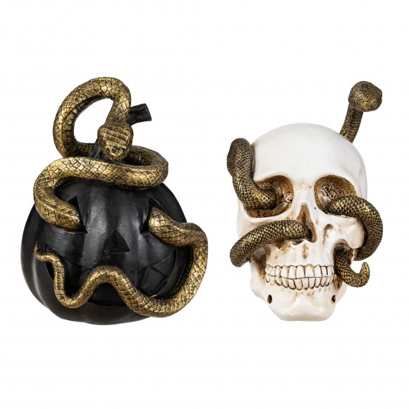 Glitzhome S/2 7"H Halloween Polyresin JOL and Skull with Snake Table Decor