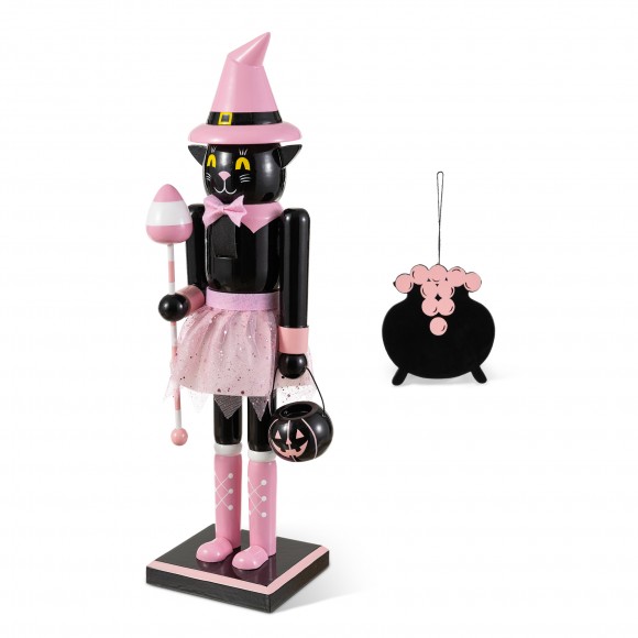 Glitzhome 18.25"H Halloween Wood Pink Cat w/Ornament Nutcracker