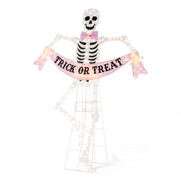 Glitzhome 86.25"H Lighted Halloween 2D Pink Skeleton Outdoor Décor with 220 warm White LED Lights