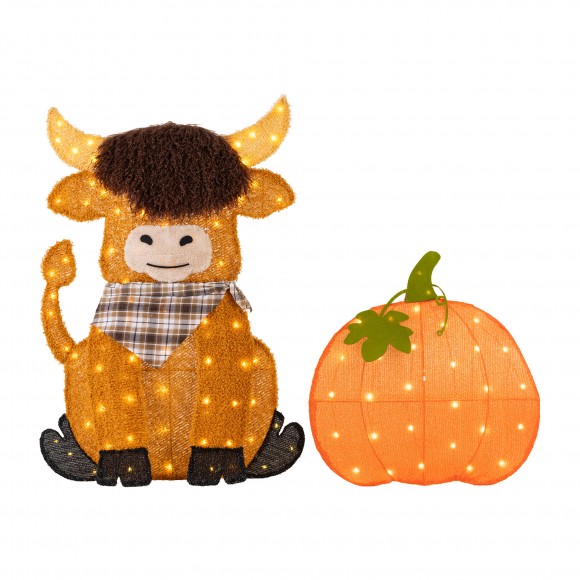Glitzhome S/2 Fall 2.5D Lighted Pumpkin and Highland Cow Outdoor Décor with 130 warm White LED Lights