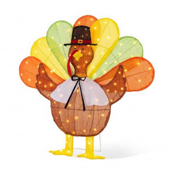 Glitzhome 35.5"L 2.5D Thanksgiving Lighted  Fabric Turkey  Outdoor Decor with 100 warm White LED Lights