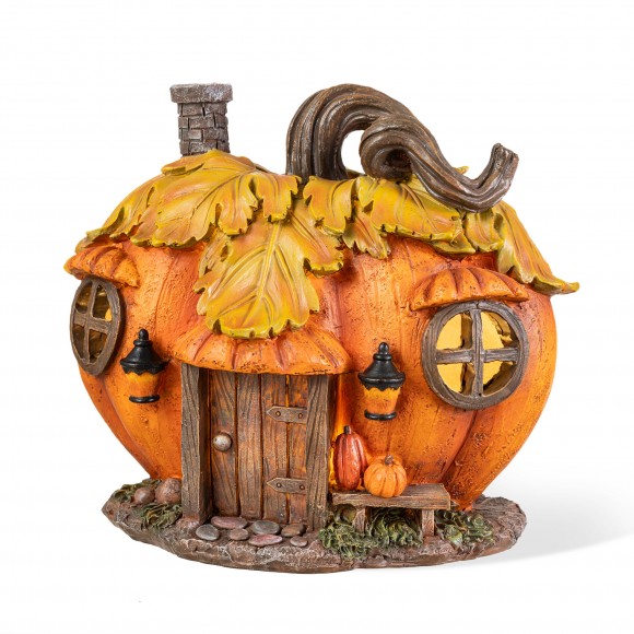 Glitzhome 8.5"L Fall Lighted Resin Pumpkin House Table Decor w/Timer