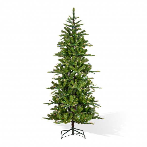 Glitzhome 6.5ft Pre-Lit Green Slim Fir Artificial Tree with 250 Warm White and Multi-Color C4 Strawberry Lights, 9 Function with Remote