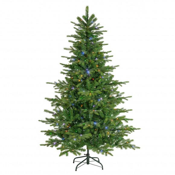 Glitzhome 6ft Pre-Lit Green Full Fir Artificial Christmas Tree with 300 Warm White and Multi-Color Twinkling Lights, 10 Function with Foot Pedal and Remote