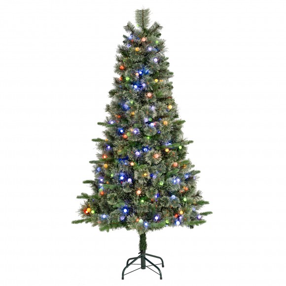 Glitzhome 6ft Pre-Lit Green Cashmere Slim Pine Artificial Christmas Tree with 250 Warm White and Multi-color Globe Lights, 9 function with Foot Pedal and Remote