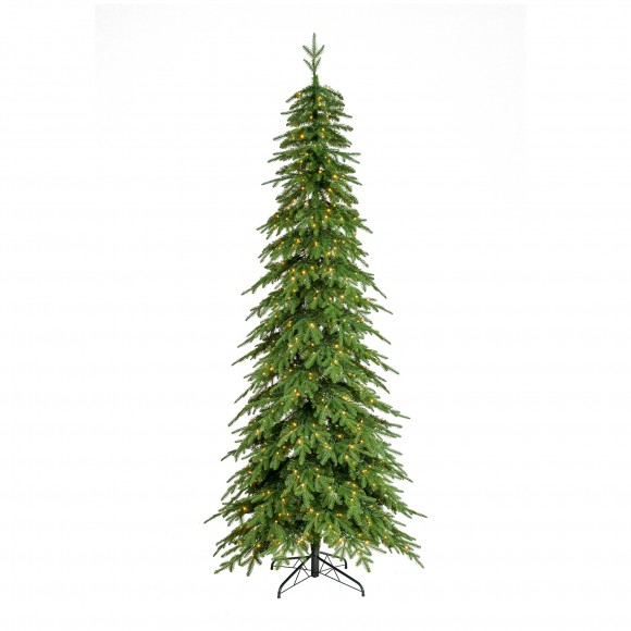Glitzhome 9ft Pre-Lit Green Pencil Spruce Artificial Christmas Tree with 580 Warm White and Multi-color Lights, 9 Function with Remote,Simple Setup