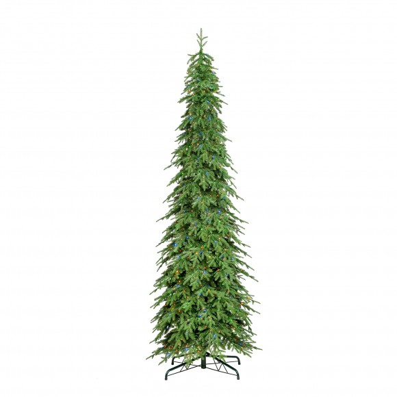 Glitzhome 11ft Pre-Lit Green Pencil Spruce Artificial Christmas Tree with 800 Warm White and Multi-color Lights, 9 Function with Remote,Simple Setup