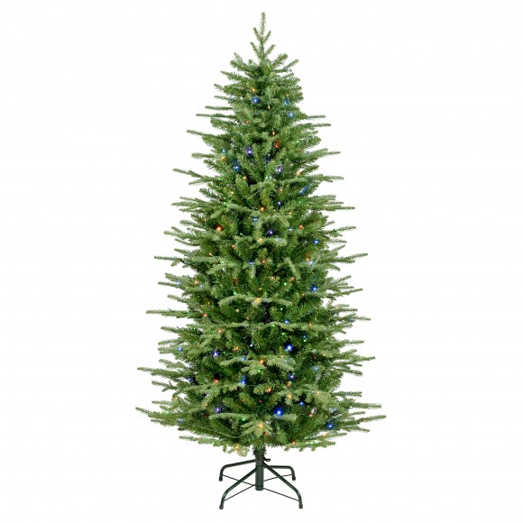Glitzhome 6ft Pre-Lit Green Slim Fir Artificial Christmas Tree with 300 Warm White and Multi-Color Twinkling Lights, 10 Function with Foot Pedal and Remote