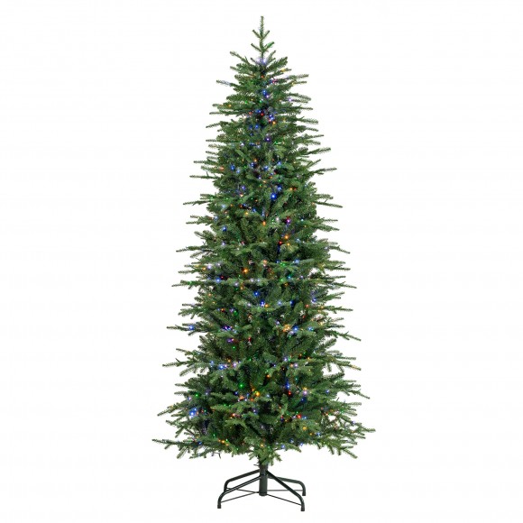 Glitzhome 7.5ft Pre-Lit Green Slim Fir Artificial Christmas Tree with 1400 Warm White and Multi-Color Chasing and Twinkling Lights, 9 Function with Foot Pedal and Remote