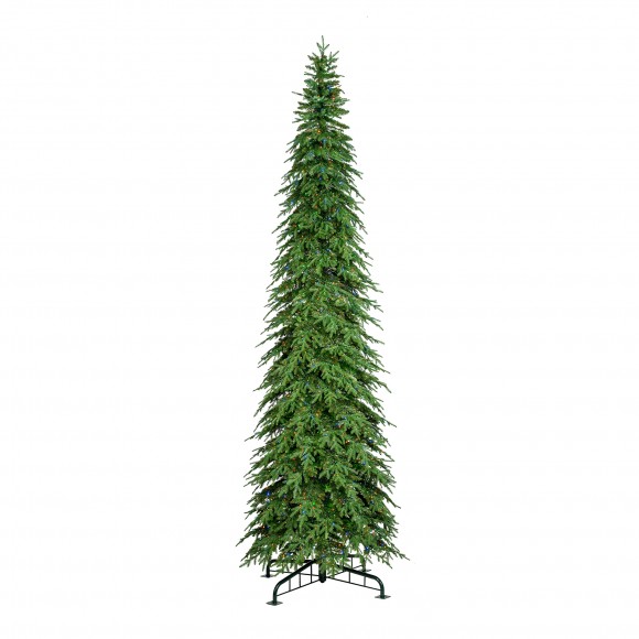 Glitzhome 15ft Pre-Lit Green Pencil Spruce Artificial Christmas Tree with 1500 Warm White and Multi-color Lights, 9 Function with Remote, Simple Setup