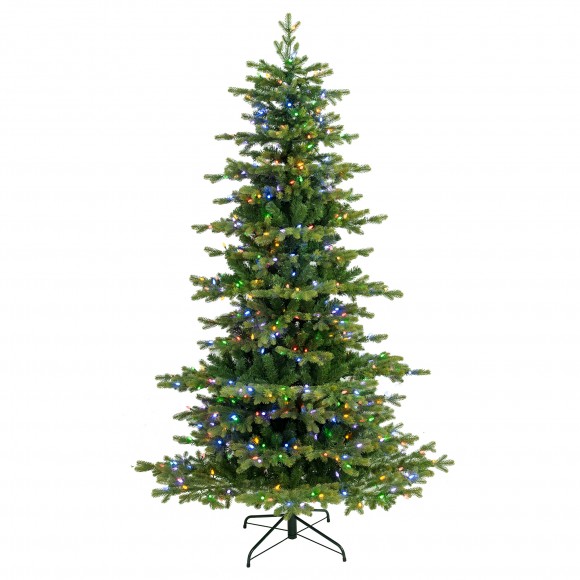 Glitzhome 7.5ft Pre-Lit Green Full Fir Artificial Christmas Tree with 550 Warm White and Multi-Color C4 Strawberry Lights, 9 Function with Foot Pedal
