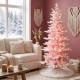 Glitzhome 6ft Deluxe Pre-Lit Pink Flocked Slim Fir Artificial Christmas Tree with 260 Warm White /Multi-color Lights, 9 Function with Foot Pedal