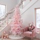 Glitzhome 6ft Deluxe Pre-Lit Pink Flocked Slim Fir Artificial Christmas Tree with 260 Warm White /Multi-color Lights, 9 Function with Foot Pedal