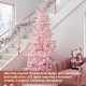 Glitzhome 6ft Deluxe Pre-Lit Pink Flocked Slim Fir Artificial Christmas Tree with 260 Warm White /Multi-color Lights, 9 Function with Foot Pedal