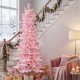 Glitzhome 7.5ft Deluxe Pre-Lit Pink Flocked Slim Fir Artificial Christmas Tree with 360 Warm White /Multi-color Lights, 9 Function with Foot Pedal