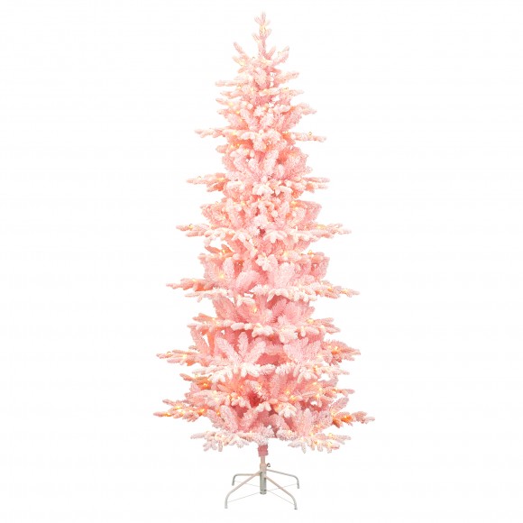 Glitzhome 7.5ft Deluxe Pre-Lit Pink Flocked Slim Fir Artificial Christmas Tree with 360 Warm White /Multi-color Lights, 9 Function with Foot Pedal