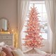 Glitzhome 7.5ft Deluxe Pre-Lit Pink Flocked Slim Fir Artificial Christmas Tree with 360 Warm White /Multi-color Lights, 9 Function with Foot Pedal