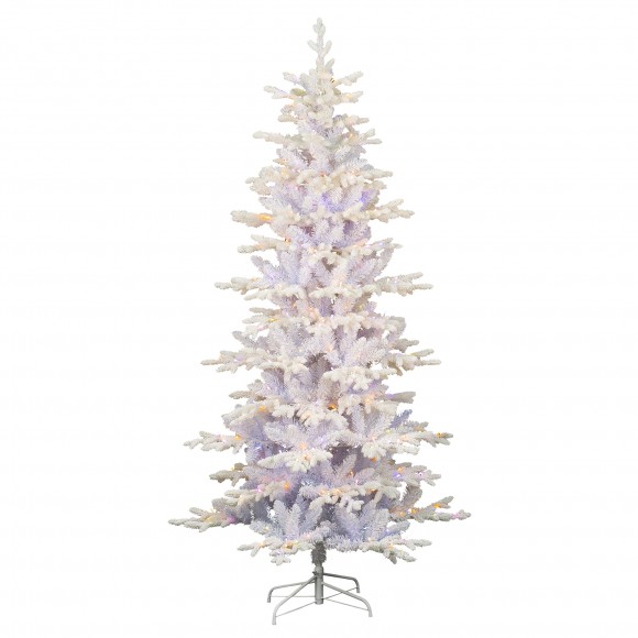 Glitzhome 7.5ft Deluxe Pre-Lit White Flocked Slim Fir Artificial Christmas Tree with 360 Warm White /Multi-color Lights, 9 Function with Foot Pedal