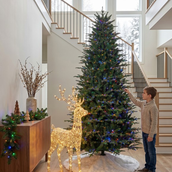 Glitzhome 9ft Pre-Lit Green Full Fir Memory wire Artificial Christmas Tree with 3000 Micro Lights, 10 Function, Remote Control