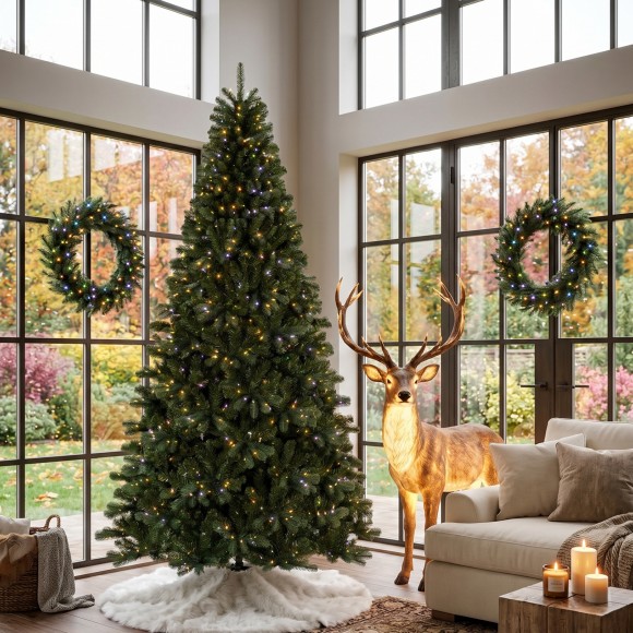 Glitzhome 9ft Pre-Lit Green Full Fir Artificial Christmas Tree with 1000 C3 Clear Lights, 10 Function, Remote Control
