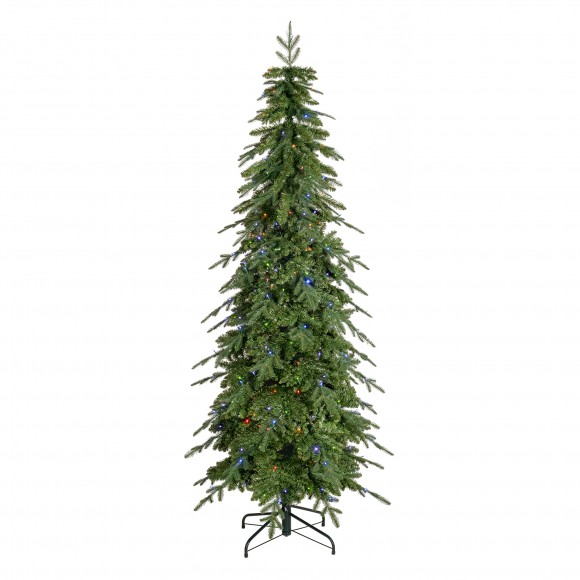 Glitzhome 7.5ft Pre-Lit Green Pencil Spruce Artificial Christmas Tree with 350 Warm White and Multi-color Lights, 9 Function with Foot Pedal and Remote