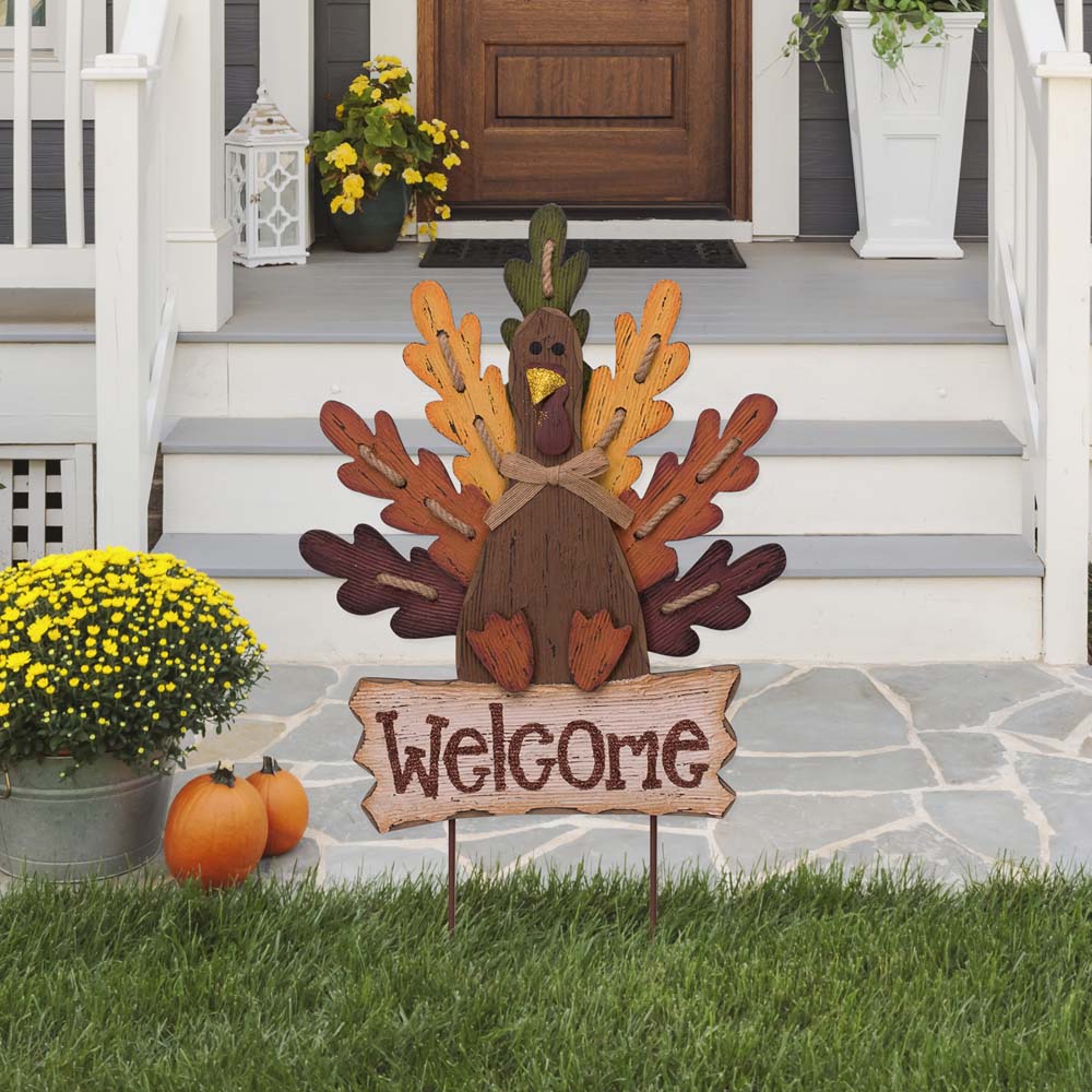 [OFFICIAL] Glitzhome Burlap Wooden Autumn Turkey Welcome Sign or Yard Stake