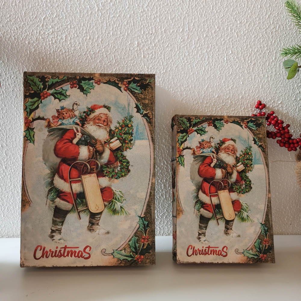 [OFFICIAL] Glitzhome Decorative Vintage Storage Book Shaped Christmas Book Box,Santa,Set of 2
