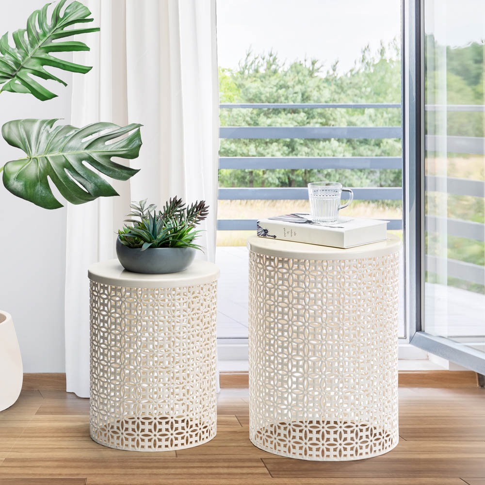 [OFFICIAL] Glitzhome Set of 2 Cream White Metal Garden Stool, Plant