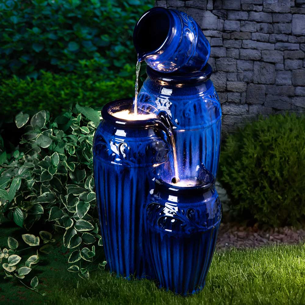 [OFFICIAL] Glitzhome 27.25"H 3Tier Cobalt Blue Embossed Pattern Ceramic Pots Fountain with Pump