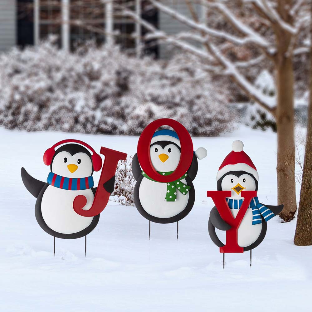 [OFFICIAL] Glitzhome 42&quot;H Set of 3 Metal &quot;JOY&quot; Penguin Yard Stake or